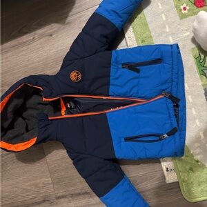 Blue and Black Hooded Jacket with Orange Accents